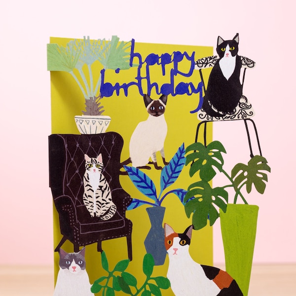 Laser cut Cats & Plants Birthday Card - Cat Birthday Card Artwork Made in UK- Cat Card Gifts for Cat Lovers