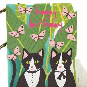 Papillons découpés au laser & carte d'anniversaire chat gentleman - carte d'anniversaire papa chat noir - oeuvre carte chat