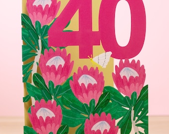 Tarjeta de cumpleaños número 40 de King Protea cortada con láser para mujer - Tarjeta de cumpleaños número 40 con arte cortado en papel - Tarjeta de cumpleaños floral número 40 - Hecho en el Reino Unido