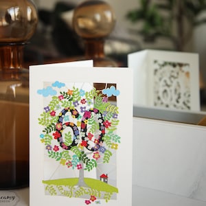 Tarjeta de cumpleaños número 60 del Árbol de la Vida cortada a láser. Fabricada en el Reino Unido. Tarjeta dorada de cumpleaños número 60. Rompecabezas de 60 años. Tarjetas de cumpleaños número 60.