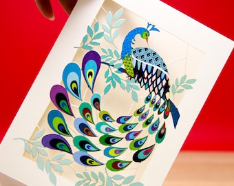 Carte de voeux paon découpée au laser pour toutes les occasions - carte d'anniversaire - carte de Saint-Valentin paon - carte de pensée paon
