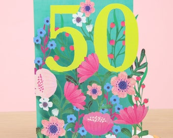 Laser cut Floral 50th Birthday Card for Women - Paper Cut Art Mum 50th Card - 50th Happy Birthday Card - Made in UK