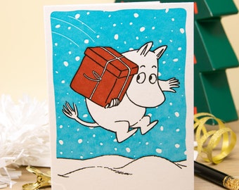 Jumping Moomin Letterpress Card - Moomin Christmas Card -  Kids Christmas Card - Cute Christmas Card