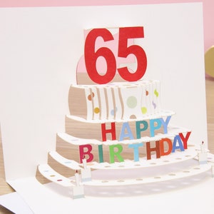Bolo 3D Cartão de aniversário de 65 anos - Bolo pop-up Presentes de aniversário de 65 anos para homens - Bolo de arte com corte de papel Cartão de aniversário 3D