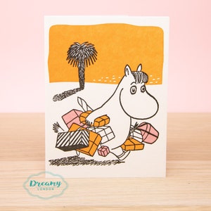 Moomin con regalos tarjeta de felicitación - tarjeta de cumpleaños - tarjeta Moomin Letterpress - tarjeta de cumpleaños feliz Moomin