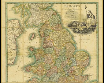 Brookes' Map Of England & Wales - 1820 Reproduction Hand-laid On Canvas Gift For Teacher - England Antique Map London Gift