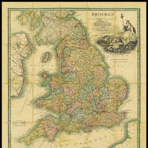Carte de l'Angleterre et du pays de Galles de Brookes - Reproduction sur toile 1820 - Cadeau pour professeur - Carte ancienne de l'Angleterre, Londres