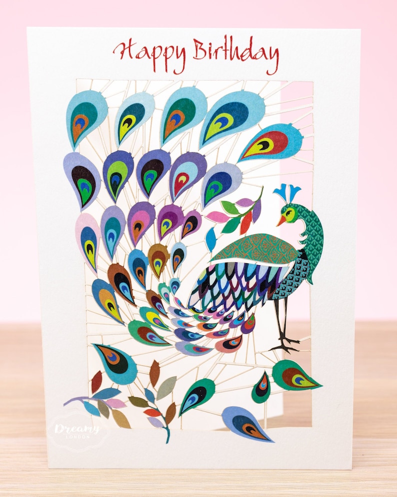 Laser cut Peacock Birthday Card for Women - Peacock Happy Birthday Card for Wife - Female Birthday Card