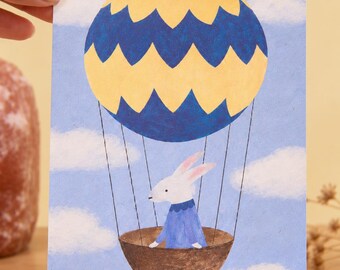 Rabbit in Hot Air Balloon Card - Petite Illustrated Greeting Card - Whimsical Rabbit Card