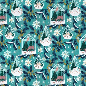 May include: A teal blue background with a repeating pattern of white glass baubles. Each bauble contains a winter scene with a deer, a bird, and a small white animal. The baubles are surrounded by pine branches, snowflakes, and gold accents.