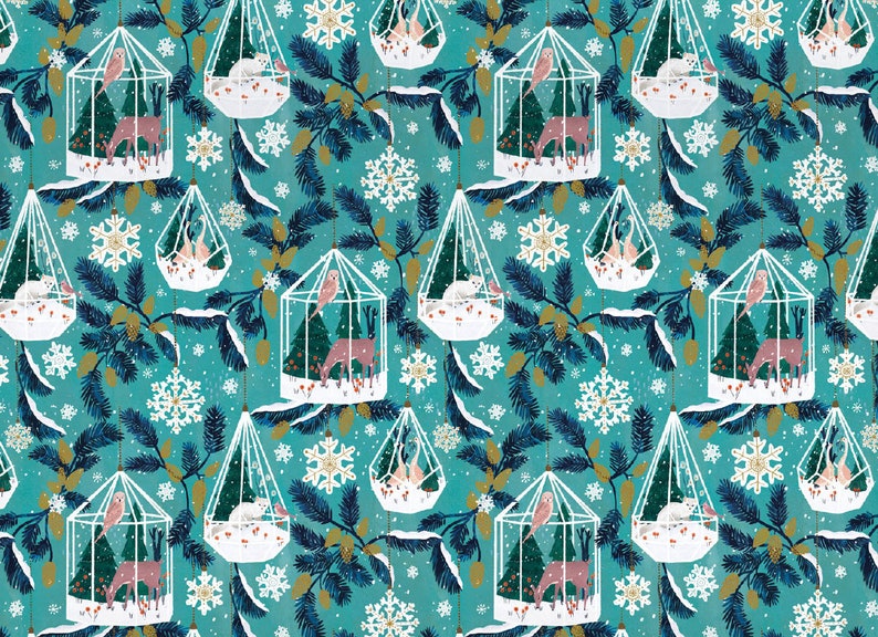 May include: A teal blue background with a repeating pattern of white glass baubles. Each bauble contains a winter scene with a deer, a bird, and a small white animal. The baubles are surrounded by pine branches, snowflakes, and gold accents.