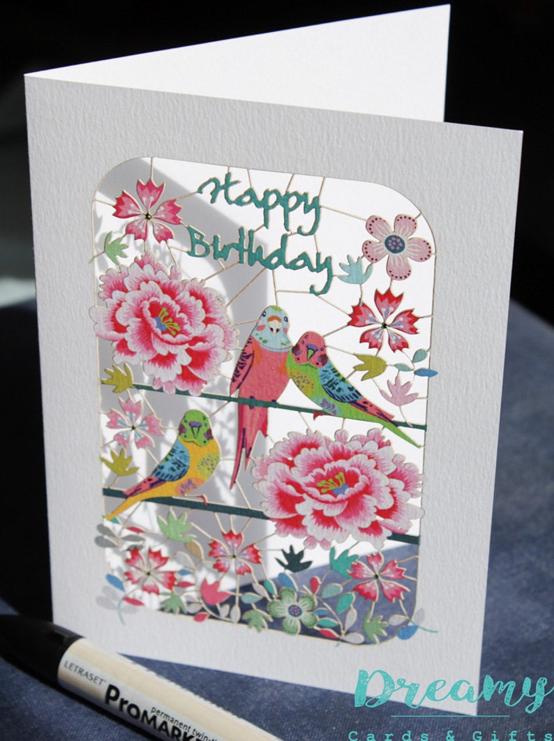 luxury laser cut-out Birds and Flowers Birthday Card made in England