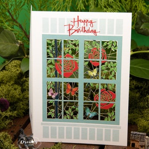 Laser cut Red Roses & Butterflies on Window Birthday Card, Rose Birthday Card for Wife or Mum, Floral Happy Birthday Card for Women