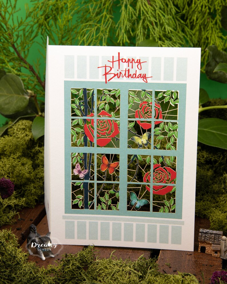 Laser cut Red Roses & Butterflies on Window Birthday Card, Rose Birthday Card for Wife or Mum, Floral Happy Birthday Card for Women