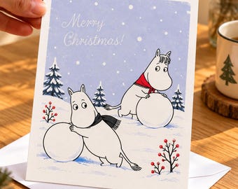 Moomin Snowball Rolling Christmas Card - Cute Moomin Merry Christmas Card - Winter Greeting Card for Moomin Fans