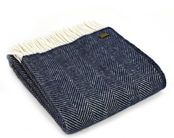 Navy Blue Thick Wool Blanket - 100% Pure Wool Blanket and Throws - Herringbone Blanket Housewarming Gift