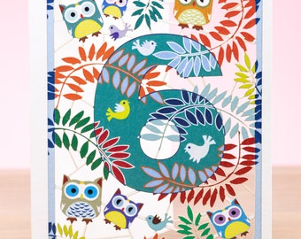 Laser cut Owl 6th Birthday Card for Kids - Owl Art 6th Card Son Birthday Card - Paper Cut Art 6th Cute Birthday Card
