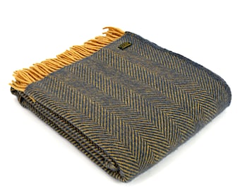 Egg Blue & Mustard Herringbone Wool Blanket - 100% Pure Wool Blanket and Throws - Made in England Blanket Housewarming Gift
