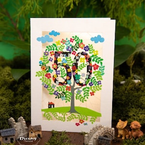 Carte de joyeux anniversaire puzzle 50e anniversaire - carte 50e anniversaire arbre de vie découpée au laser - carte 50e art maman en papier découpé - fabriquée au Royaume-Uni