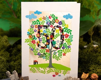 Laser cut 50th Birthday Card, Flowers and Tree 50th Card, Age 50 Card, 50th, Fiftieth Card, Happy 50th Birthday for Her