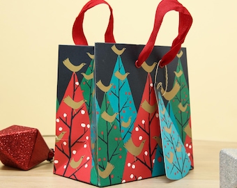 Christmas Tree and Bird Gift Bag Mini - Christmas Robin Reusable Gift Bag - Mini kraft bag for gift for him or her