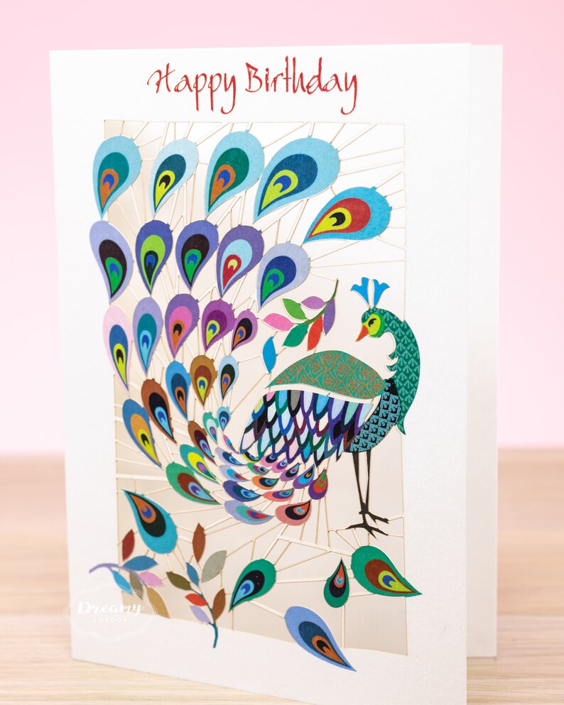 Laser cut Peacock Birthday Card for Women - Peacock Happy Birthday Card for Wife - Female Birthday Card