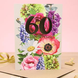 Carte d'anniversaire fleurie pour 60 ans fabriquée au Royaume-Uni - Carte d'anniversaire florale - Cadeau pour 60 ans