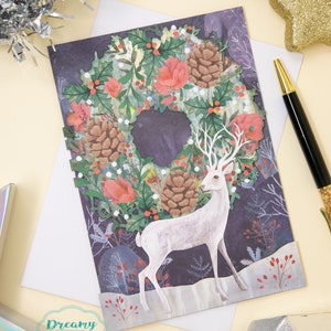 Paquete de 5 tarjetas cortadas con láser con forma de ciervo en 3D para Navidad 2024 - Paquete de tarjetas con forma de corona navideña fabricado en el Reino Unido - Regalo navideño con ciervo en 3D - Paquete navideño