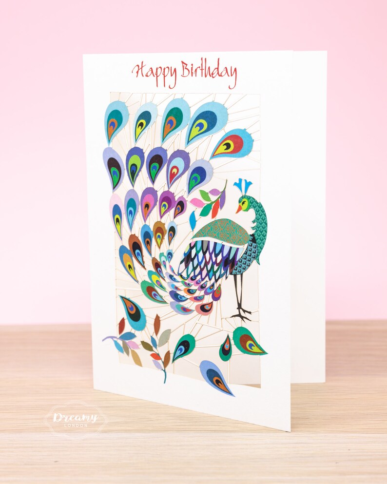 Laser cut Peacock Birthday Card for Women - Peacock Happy Birthday Card for Wife - Female Birthday Card