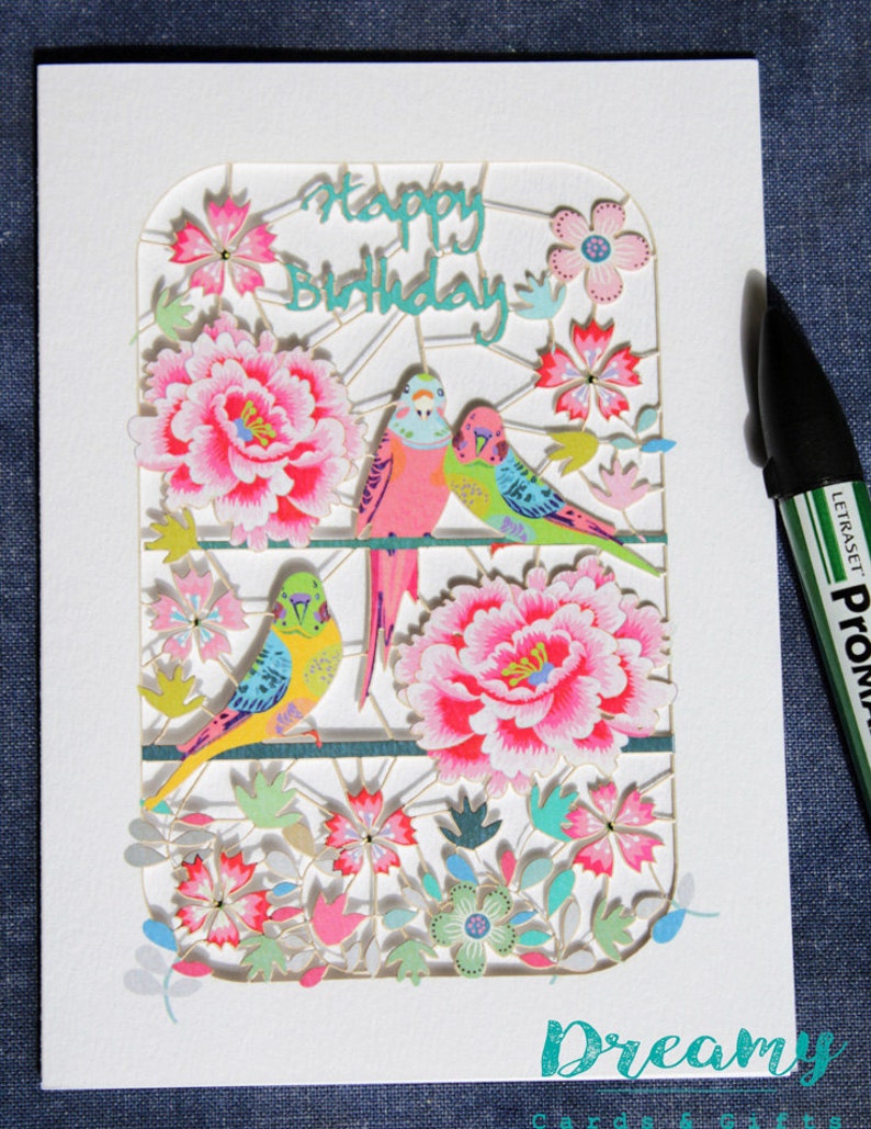 luxury laser cut-out Birds and Flowers Birthday Card made in England