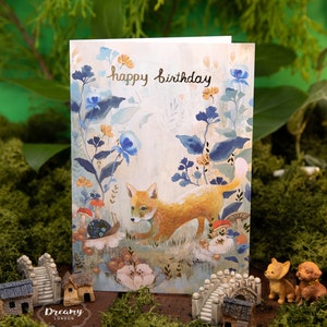 Cartão de aniversário Fox & Snail para crianças - Cartão de feliz aniversário Fox Art - Cartão de aniversário de filho feito no Reino Unido