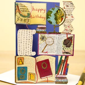 Book Journal Globe Laser Cut Card – Adventure Birthday Card for Travel lover – Birthday Card for Librarians, Readers & Explorers