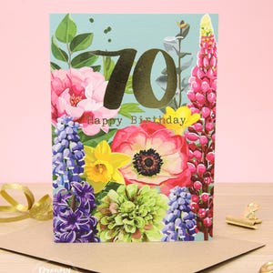 Carte d'anniversaire fleur 70e fabriquée au Royaume-Uni - carte d'anniversaire florale - cadeau 70e anniversaire