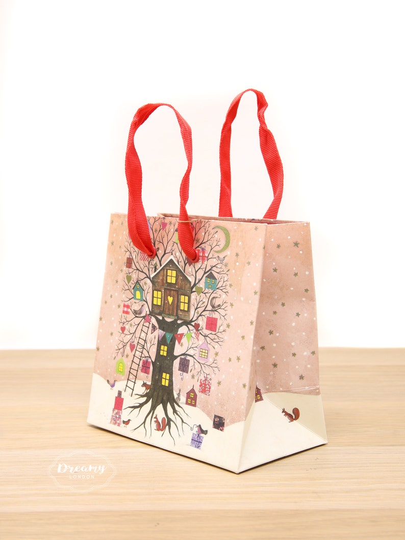 Treehouse Mini Christmas Gift Bag with handles Christmas Gift Wrap Paper Bag Artistic Gift Wrap Christmas Bag image 3