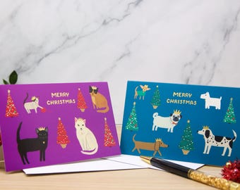 Christmas Dog and Christmas Cat holiday cards - Animal Lovers Christmas Card Pack - Boxed Christmas Card for Cat lovers & Dog lovers