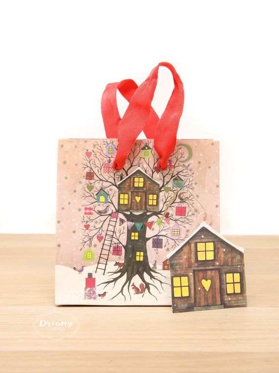 Treehouse Mini Christmas Gift Bag with handles - Christmas Gift Wrap Paper Bag - Artistic Gift Wrap Christmas Bag
