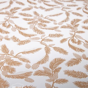 May include: A white background with a repeating pattern of brown pine branches and pine cones. The pattern is a simple, elegant design.
