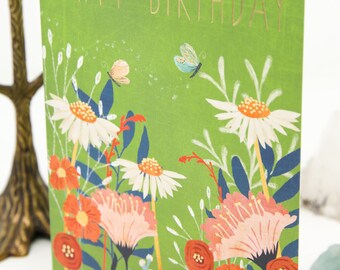 Biglietto Di Compleanno Con Fiori E Farfalla - Per Donna, Zia, 50° 60° 70° - Old English Company