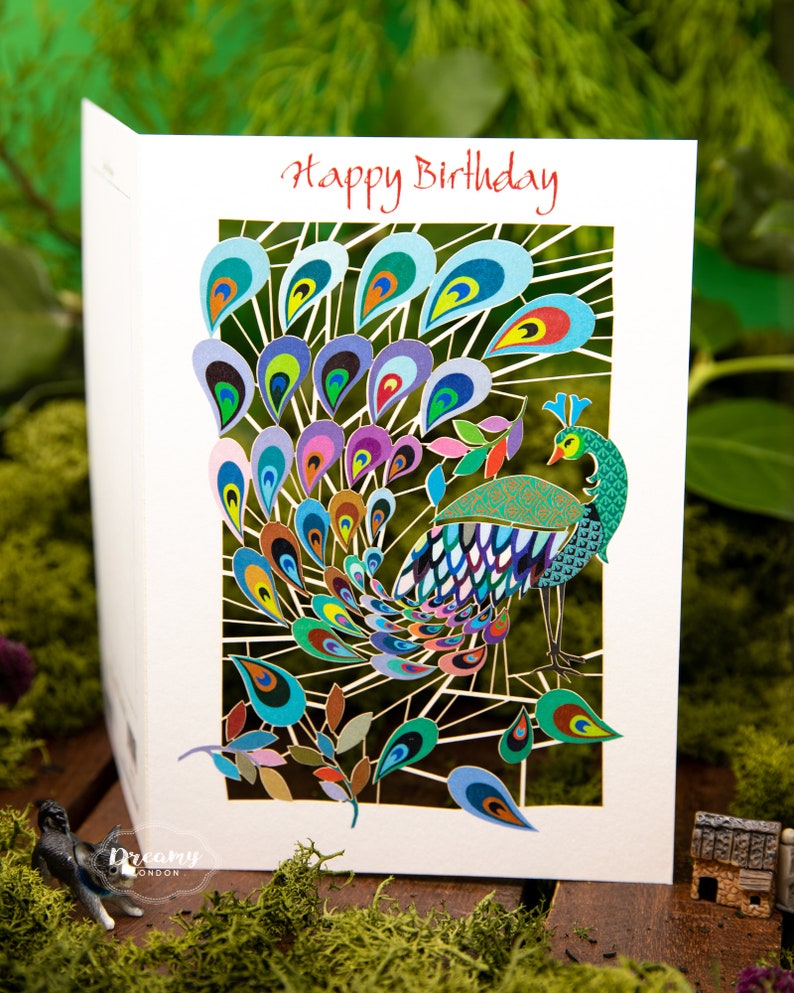 Laser cut Peacock Birthday Card for Women - Peacock Happy Birthday Card for Wife - Female Birthday Card