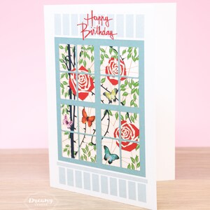 Laser cut Red Roses & Butterflies on Window Birthday Card, Rose Birthday Card for Wife or Mum, Floral Happy Birthday Card for Women
