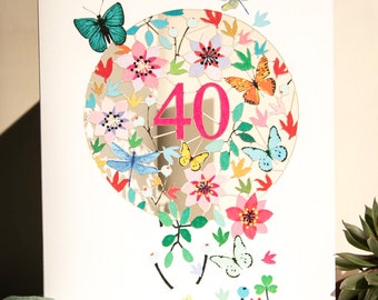 40th Floral Birthday Card for Her - Laser cut Butterflies & Flowers 40th Birthday Card for Women - Paper Cut 40 Birthday Card - Made in UK