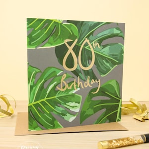 Carte d'anniversaire 80e anniversaire feuille d'or - Carte d'anniversaire « 80e anniversaire du Royaume-Uni » avec feuille de palmier au Royaume-Uni - Cadeau 80e anniversaire pour elle et lui