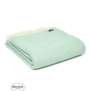 Mint Green Herringbone Wool Blanket - 100% Pure Wool Blanket and Throws - Made in England Blanket Housewarming Gift