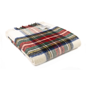 Scottish Stewart Tartan Wool Blanket - Dress Stewart 100% Wool Blanket Throw - Made in England White Blanket for Housewarming or Home Decor
