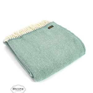 Teal Green Herringbone Wool Blanket - 100% Pure Wool Blanket and Throws - Made in England Blanket Housewarming Gift