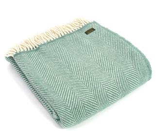 Teal Green Herringbone Wool Blanket - 100% Pure Wool Blanket and Throws - Made in England Blanket Housewarming Gift