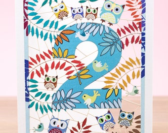 Laser cut Owl 2nd Birthday Card - Grandson 2nd Birthday Card Owl Print - Paper Cut Art Nephew 2nd Cute Birthday Card