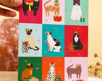 Festive Cat Advent Calendar Card 2026 - 24 Window Christmas Countdown - Cat Lover Christmas Card