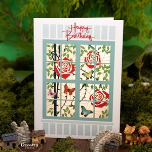 Laser cut Red Roses & Butterflies on Window Birthday Card, Rose Birthday Card for Wife or Mum, Floral Happy Birthday Card for Women