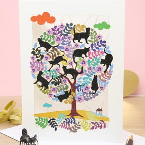 Arbre de vie floral chat noir cartes de voeux - carte d'anniversaire de chat - carte de remerciement découpée au laser - cartes vierges félin